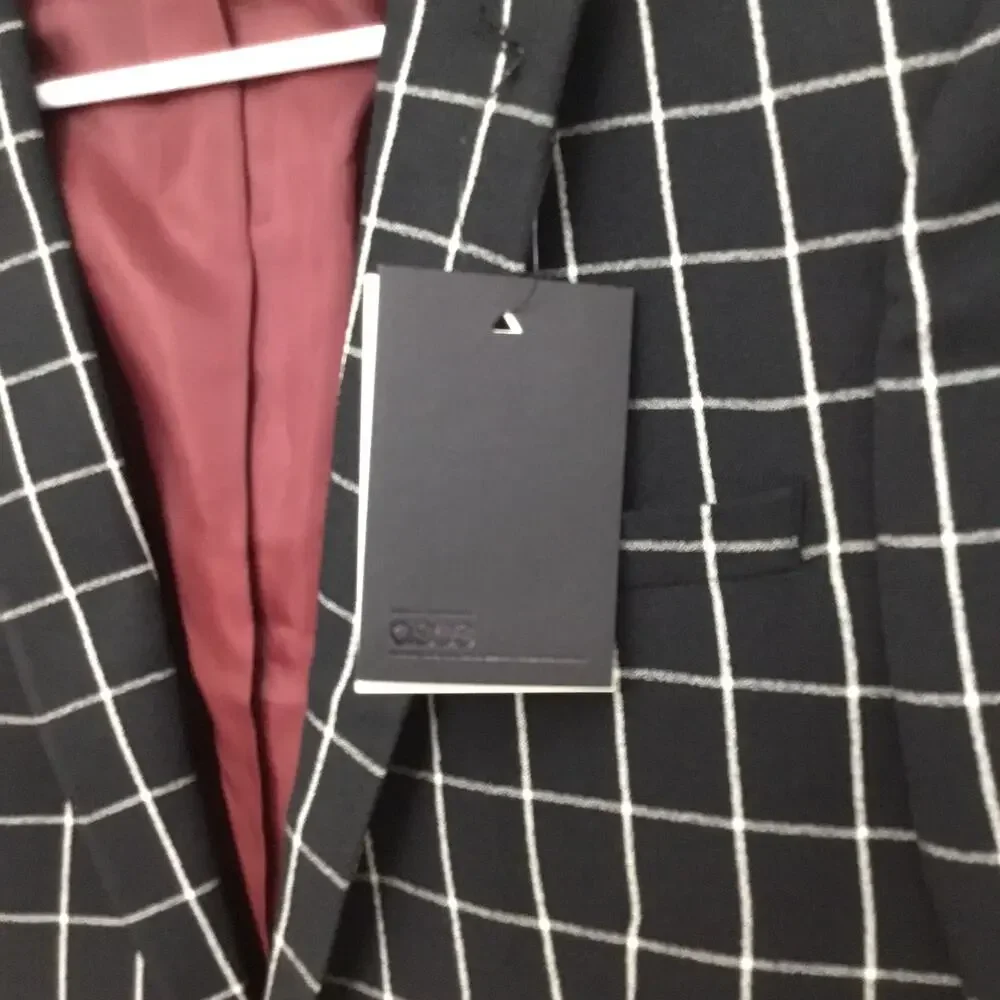 ASOS Black and white checkered slim-fit Blazer Suit with Embroidery Sz 38